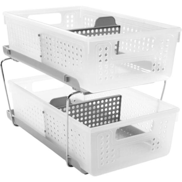 2 Tier Slide Out Storage Organizer Baskets with Handles for Bathroom Kitchen - Picture 1 of 7